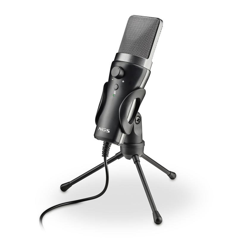 Micrófono NGS MS120 USB Cardioide Streaming Podcast Monitor Latencia Cero Negro