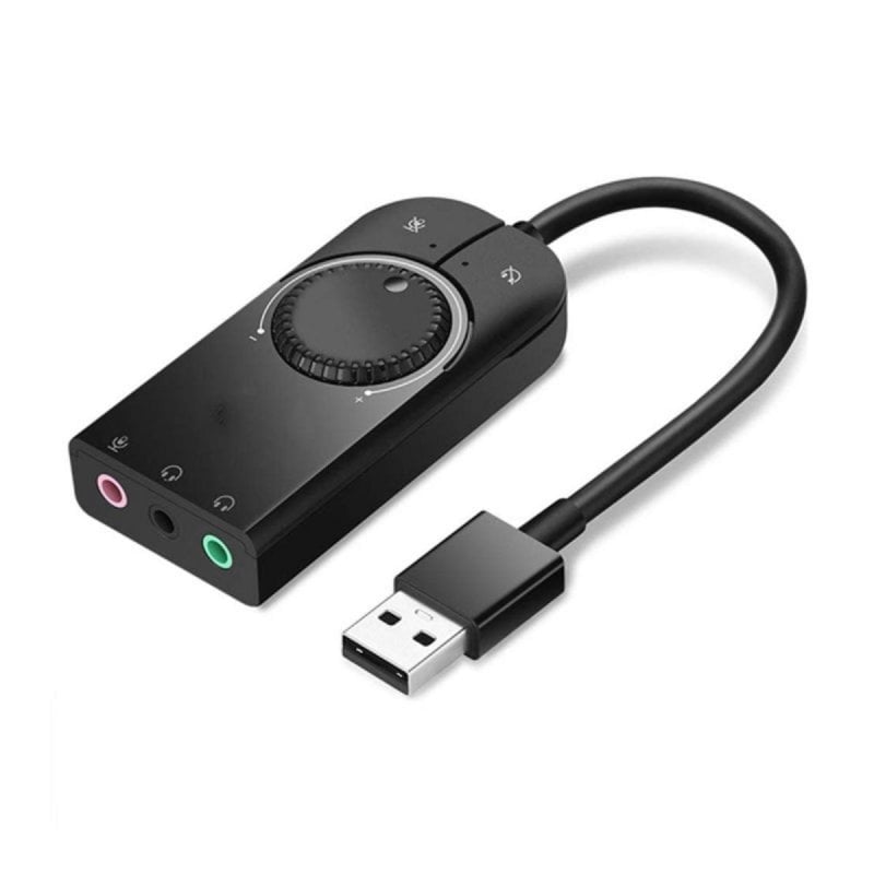 Tarjeta de Sonido Externa Ugreen CM129 USB Control Volumen Doble Salida Audio 15 cm Negra