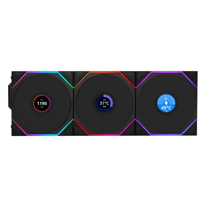 Lian Li UNI FAN TL120 Wireless LCD REVERSE RGB Conjunto triplo de ventoinhas adicionais 120mm pretas