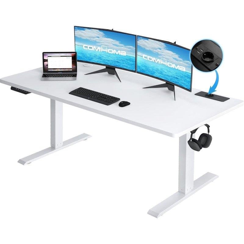 GTPLAYER White Height-Adjustable Gaming Desk, 160x70 cm, Electric Motor, USB and Hook