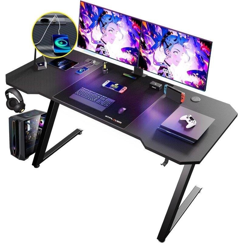 Secretária gaming GTPLAYER 120x60 cm superfície de fibra de carbono tomada USB