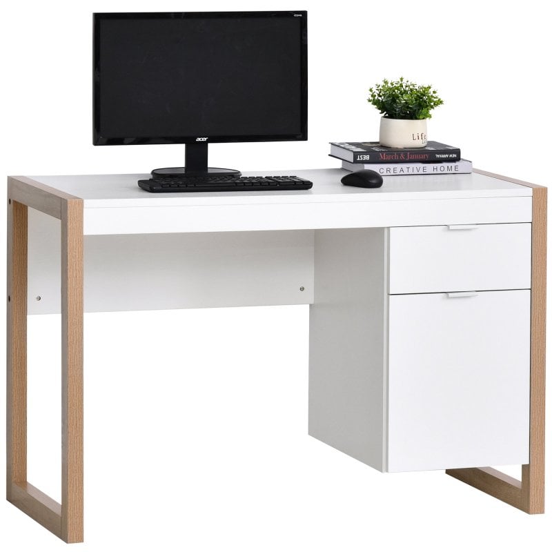 HomCom Mesa Escritorio con Cajón 112.5x50x75.5cm Blanco/Madera