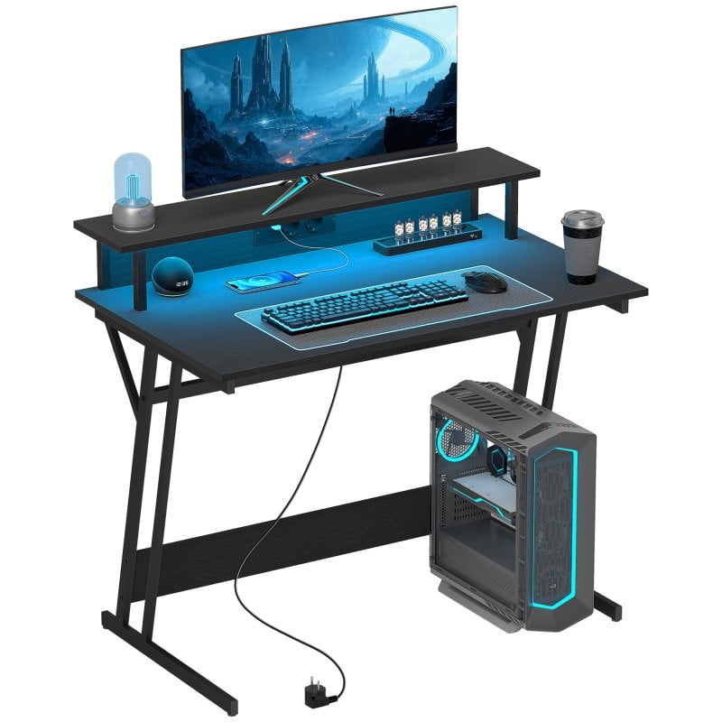 Scrivania gaming nera HOMCOM con luci LED 100x60 cm e prese di corrente