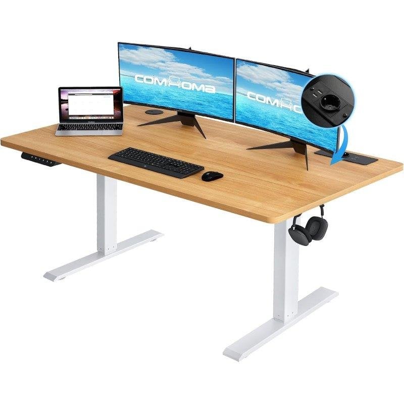 GTPLAYER Height-Adjustable Gaming Desk 140x60 cm USB Hook Brown