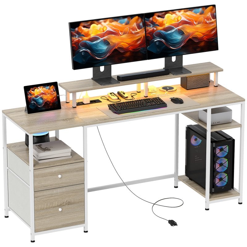 Homcom Mesa De Escritorio Con Luces Led Estantes 155,5x48x75,5 Cm Natural