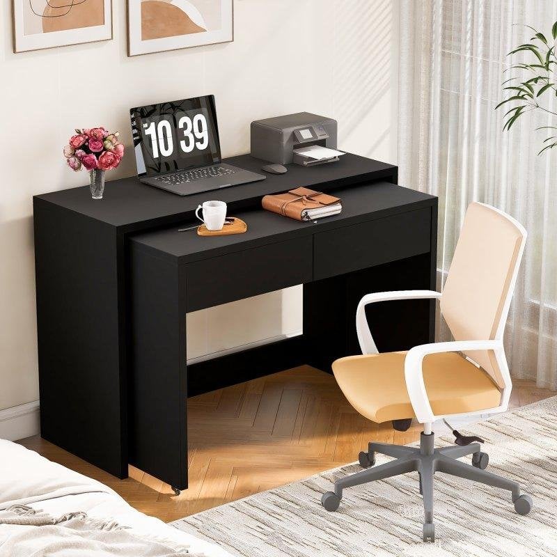 Welltin N880P4219989B Klappschreibtisch mit Rollen, 2 Schubladen und Holzoptik 110x40 cm