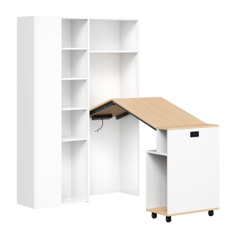 Escritorio Plegable Welltin N880P con Estantería y Conectividad USB/Enchufe Blanco