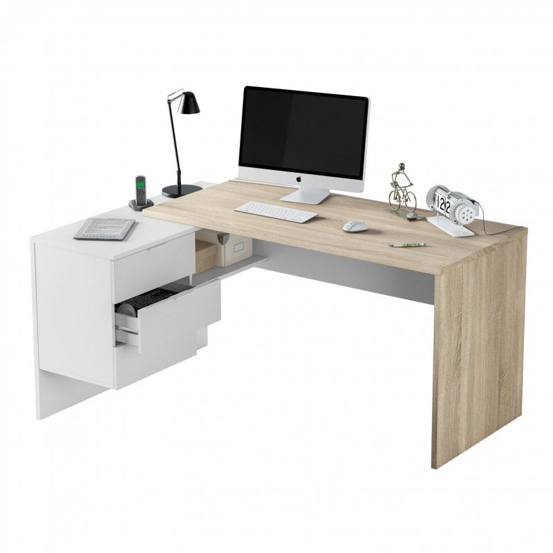 Habitdesign Office Buc secretária de escritório, 145x108x73cm, branco/carvalho Canadian