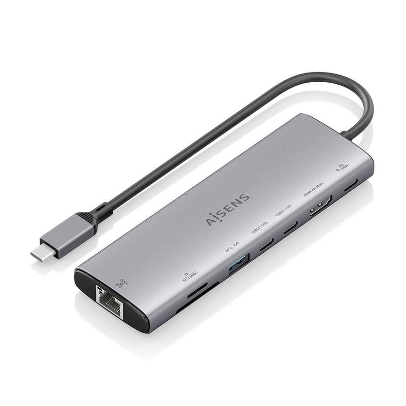 Dock USB-C Aisens ASUC-8P033-GR 8 en 1, HDMI 4K, RJ45, USB-A, USB-C PD 100W, aluminium
