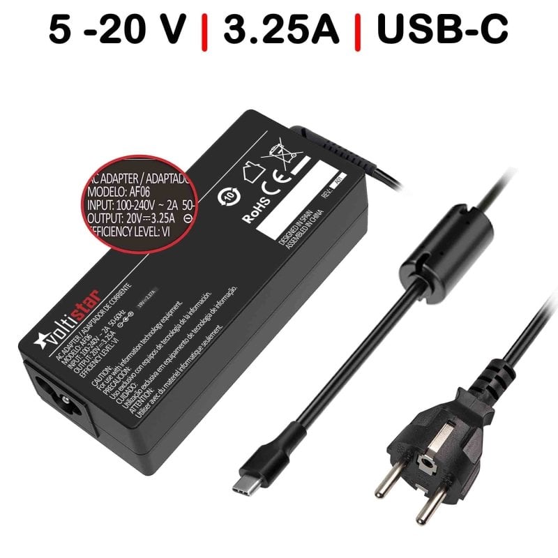 Caricatore USB-C multivoltaggio nero per portatile, 5-20 V, 3.25 A, 65 W