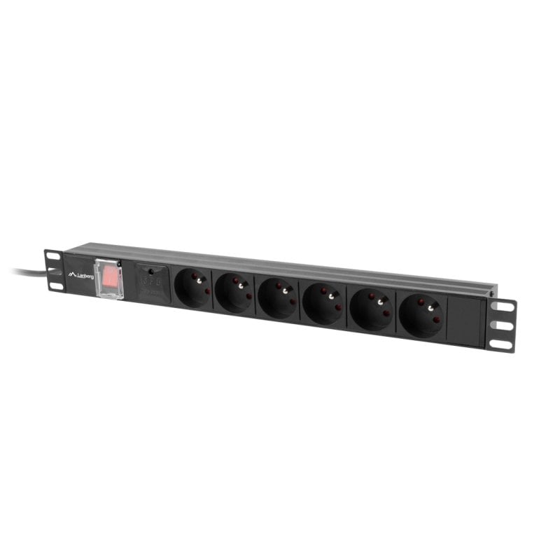 Lanberg PDU-06E-0200-BK 1U single-phase switched aluminium power strip, 6 Type E outlets, 16A, 200cm