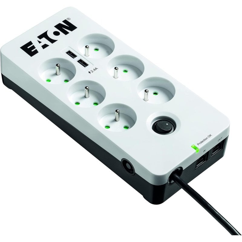 Eaton PB6TUF multiprise parafoudre à 6 prises avec 2 chargeurs USB et 1 port RJ11, 1,5m