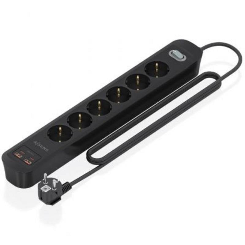 Regleta Aisens ASPS-2A2C17-BK 6 Tomas 2 USB-A 2 USB-C con Protección e Interruptor