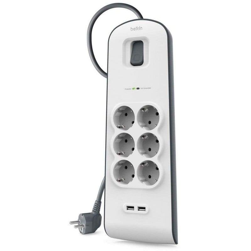 Belkin BSV604VF2M Regleta 6 Tomas + 2 USB con Protección Negro/Blanco