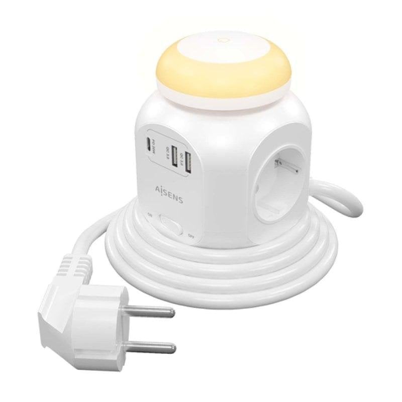 Aisens Regleta Multifunción con 4 Tomas + Qc3.0 con Luz Nocturna 1.8m Blanco