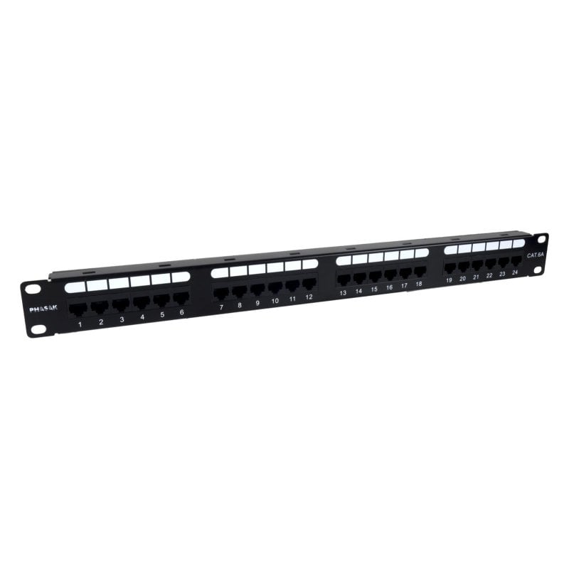 Phasak PU 2421 Patchpanel, 24 Anschlüsse Cat.6A UTP RJ45 Dual, 1U 19"-Rack, Aluminium schwarz