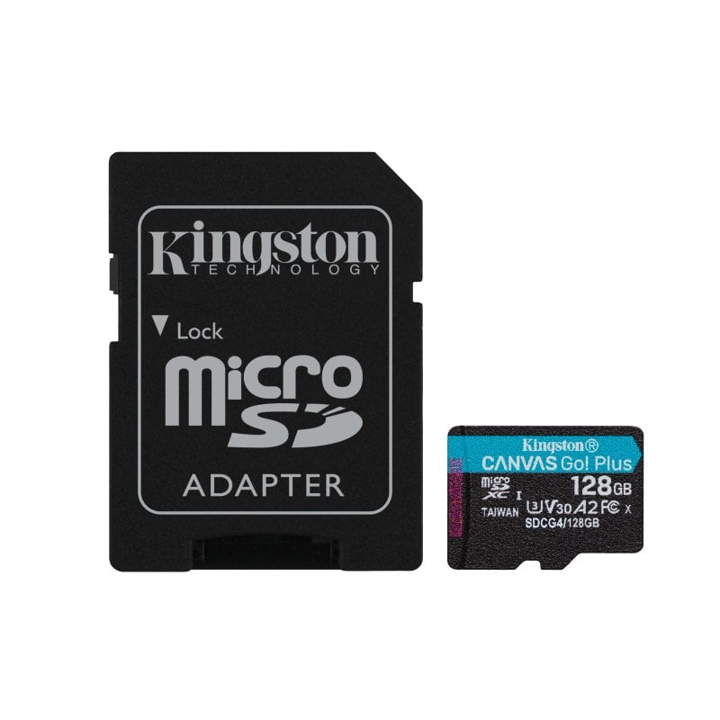 Tarjeta MicroSD Kingston Canvas Go Plus Gen4 128GB 200MB/s UHS-I U3 V30 A2 con Adaptador