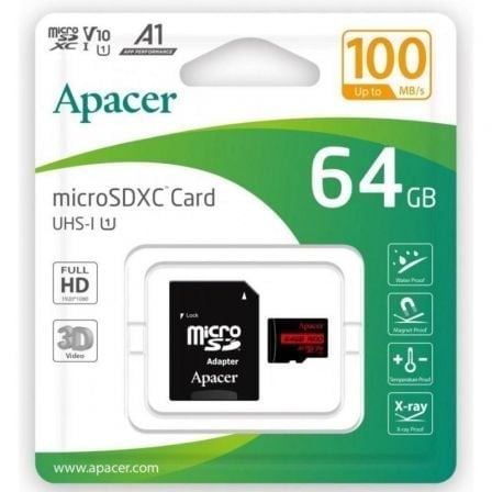 Tarjeta de Memoria Apacer MicroSDXC 64GB UHS-I Clase 10 100MB/s + Adaptador
