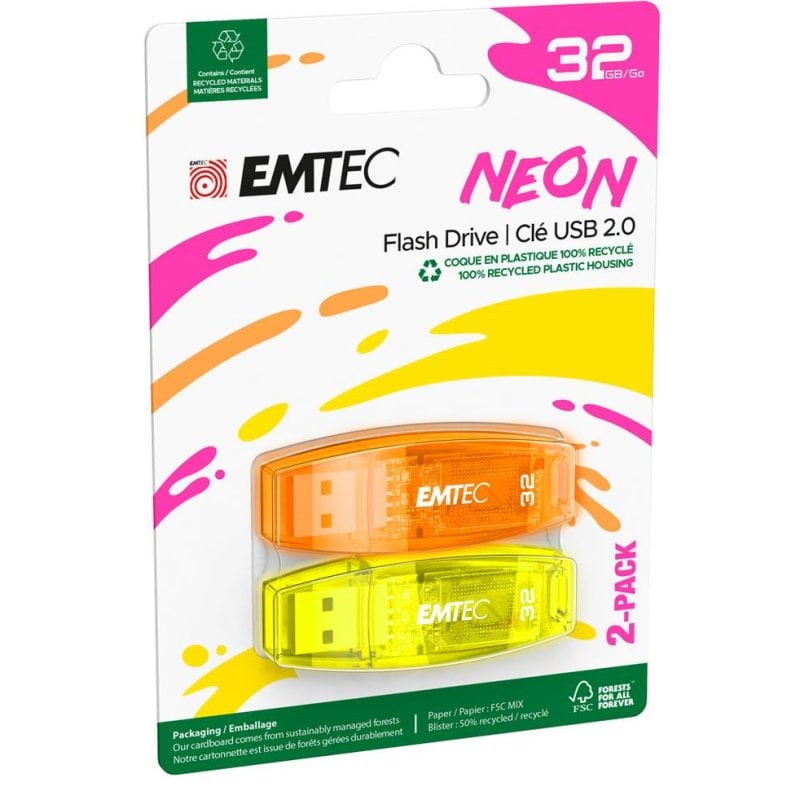 Memoria USB Emtec C410 Neon 32 GB USB 2.0 Pack 2 unidades colores neón