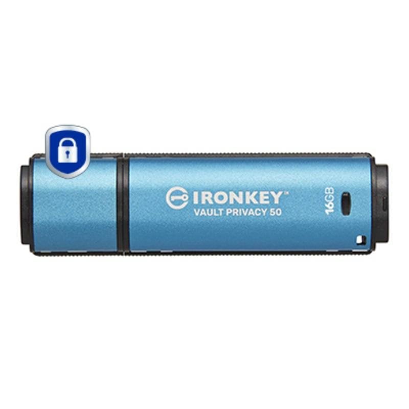 Unidad flash USB Kingston IronKey Vault Privacy 50 16GB AES-256 FIPS 197 USB 3.2 Negro-Azul